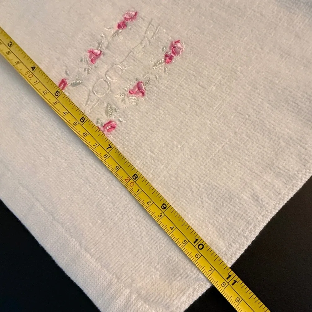 Vintage White Embroidered Hand Towels Set of 3 Floral Hat Welcome Pink Cotton
